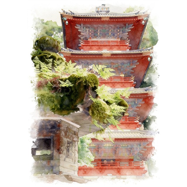 絵画 日本 日光東照宮 五重塔 風景画 インテリアアート額付き 水彩画・油絵風 WAT0118