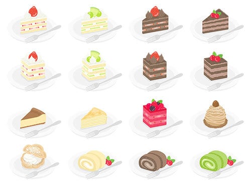 いろいろな種類の、皿に盛りつけられた、ケーキのイラストセット