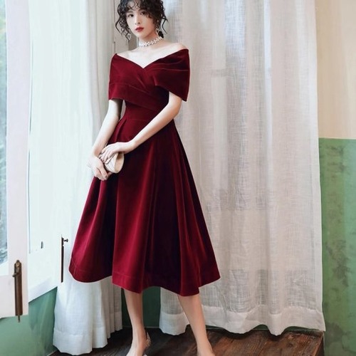 結婚式ドレス レディース オフショルダー Aライン ベルベット 半袖 Vネック 無地 フレア カシュクール ミディアム丈 ミモレ丈 演奏会 二次会 披露宴 パーティードレス ワンピース エレガント