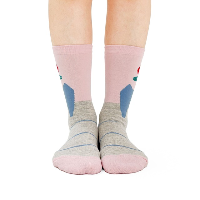 【JIN KITAMURA】北村人 SOCKS RED FLOWER & CAT ソックス 赤い花と猫
