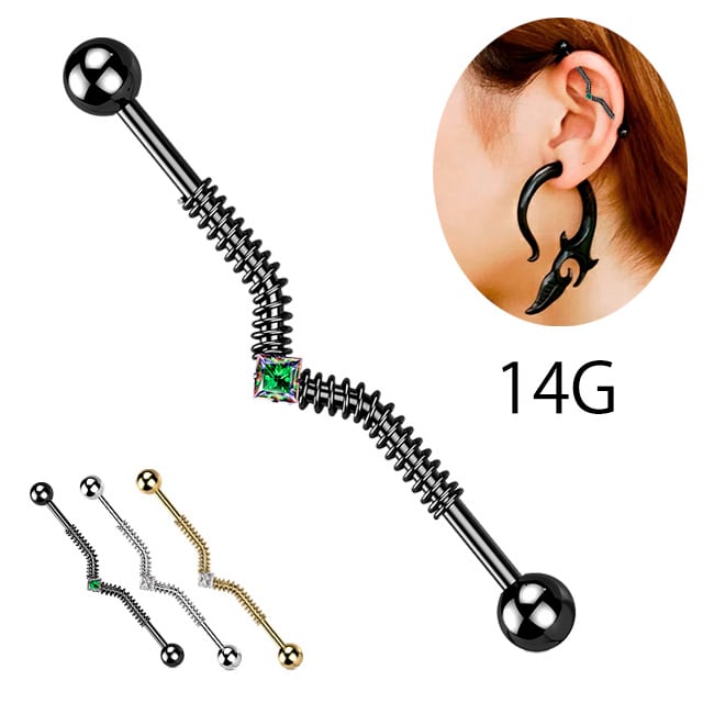 ロングバーベル 14G 全3色 Vストーン スプリングバネ 軟骨ピアス