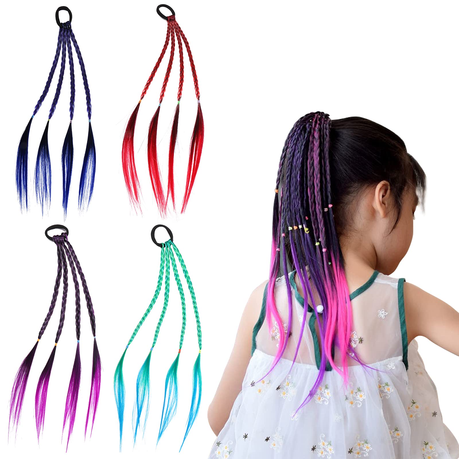 【努力特価】YOVOY 4枚入 ヘアエクステ 三つ編み 編み込み グラデーションカラー ウィッグ キッズ 髪 カラフル 髪の毛 付け髪 ワンタッチ キッズ ダンス 発表会 フェス ハロウィン コスチューム (グリーン、パープル、ブルー、レッド、4枚)