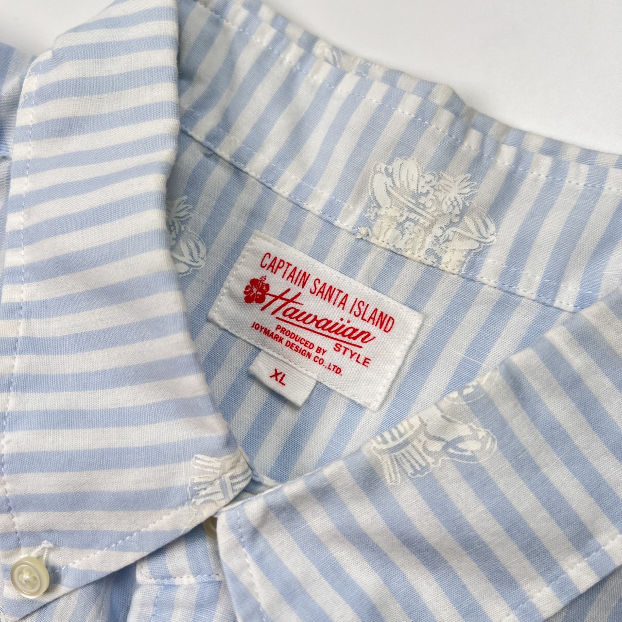 CAPTAIN SANTA ISLAND キャプテンサンタ アイランド プリント入り ストライプ BD 半袖シャツ サイズ XL /ホワイト×水色/メンズ/日本製