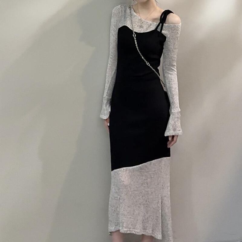 【dress】フェイクレイヤードロングニットワンピース Q6653