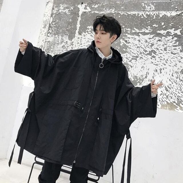 【予約販売】ブルゾン アウター ミドル丈 シンプル ベルト フード メンズ 黒 ブラック ビッグシルエット ゆったり お洒落 こなれ感 ベーシック 秋 春 フリー
