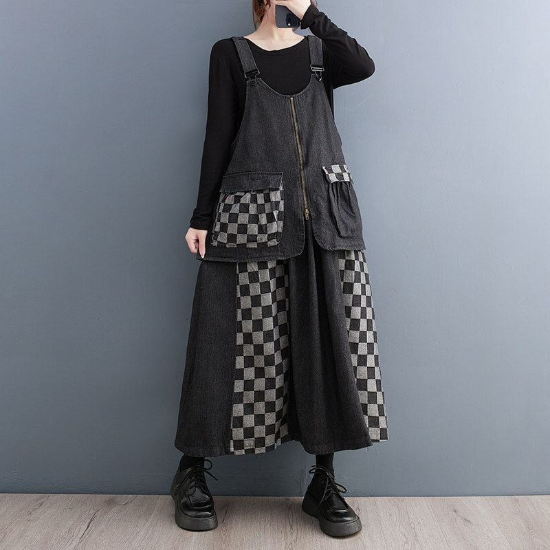 CHECKERED PANEL SUSPENDER MIDI DRESS M-18294