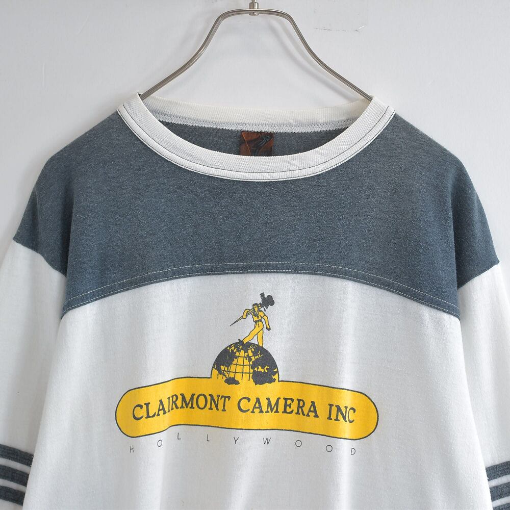 70~80s CLAIRMONT CAMERA INC ロゴプリント フットボールTシャツ ヴィンテージ カメラ 企業 アドバタイジング ビンテージ USA アメリカ古着 メンズL~相当