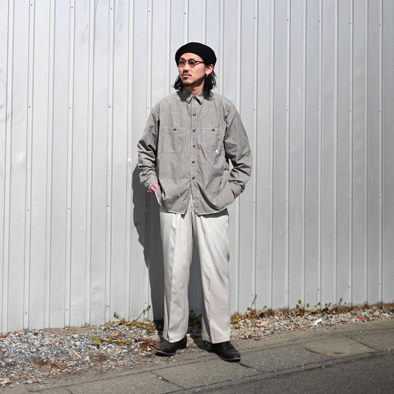 INTERIM / MILK PAINT VINTAGE WASH BLACK SHUTTLE CHAMBRAY HYPER BIG US NAVY WORK SHIRT TYPE2