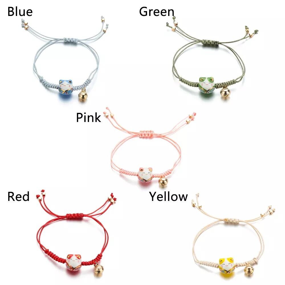 セラミック製猫と鈴、手織ブレスレット