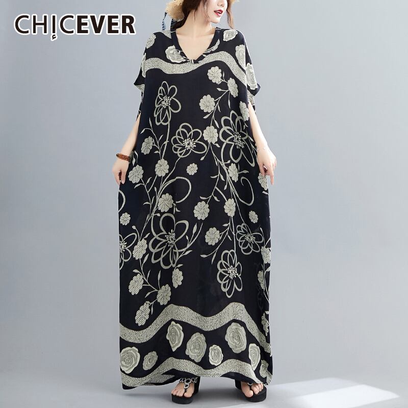 CHICEVERプリントフローラルヒットカラードレスレディースVネックバットウィングスリーブルーズオーバーサイズ足首丈ドレス2020 花柄 6base584537273260