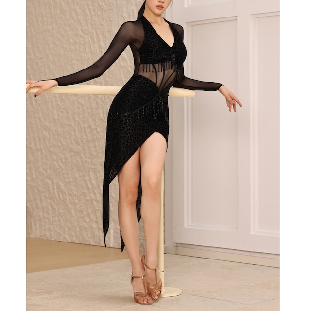 レオパードメッシュ・アシンメトリーレースラテンドレス ds1029