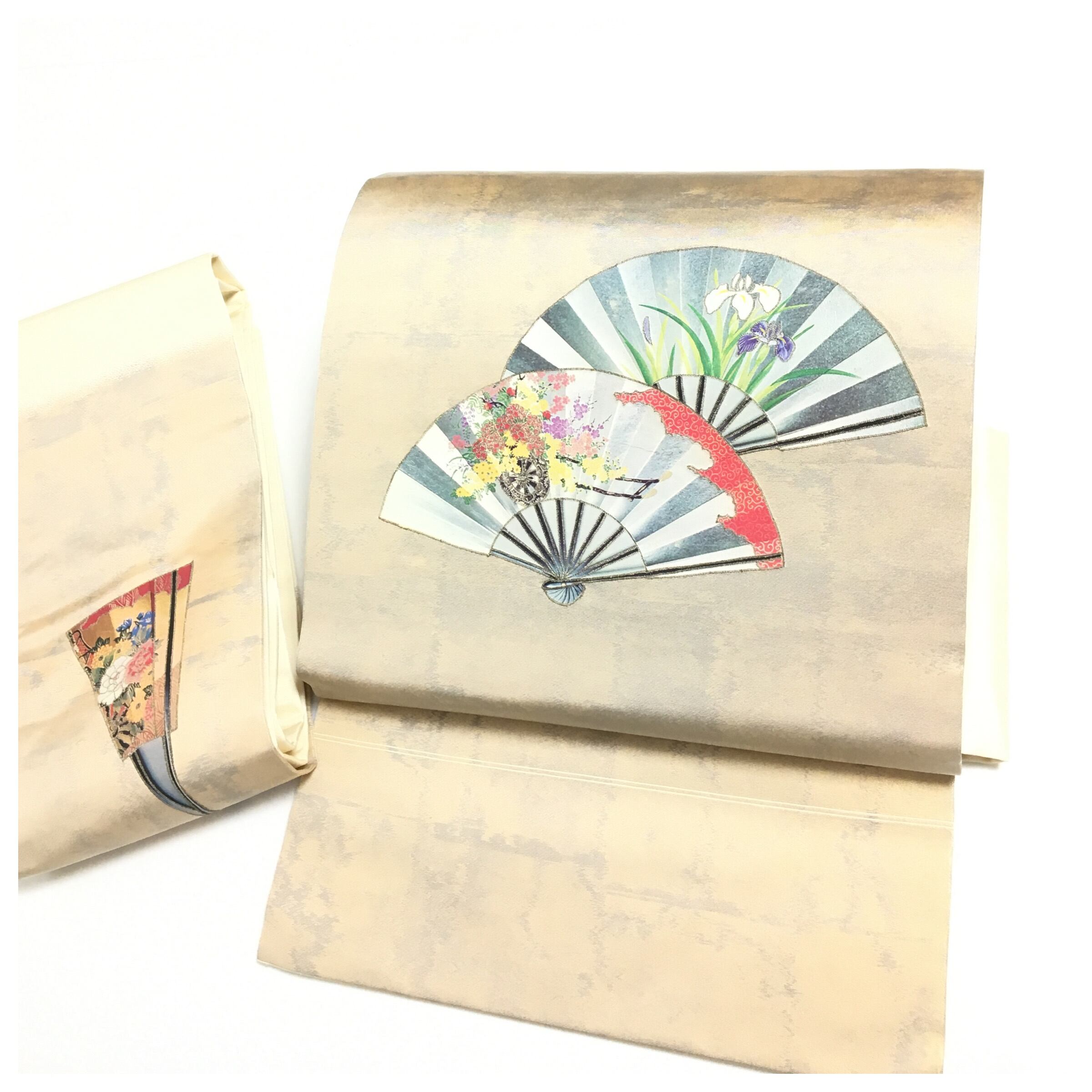 正絹 作り帯 二部式 二重太鼓 袋帯 金茶から若草色へ 四季折々の草花 正絹 作り帯 二部式 二重太鼓 袋帯 金茶から若草色へ 四季折々の草花