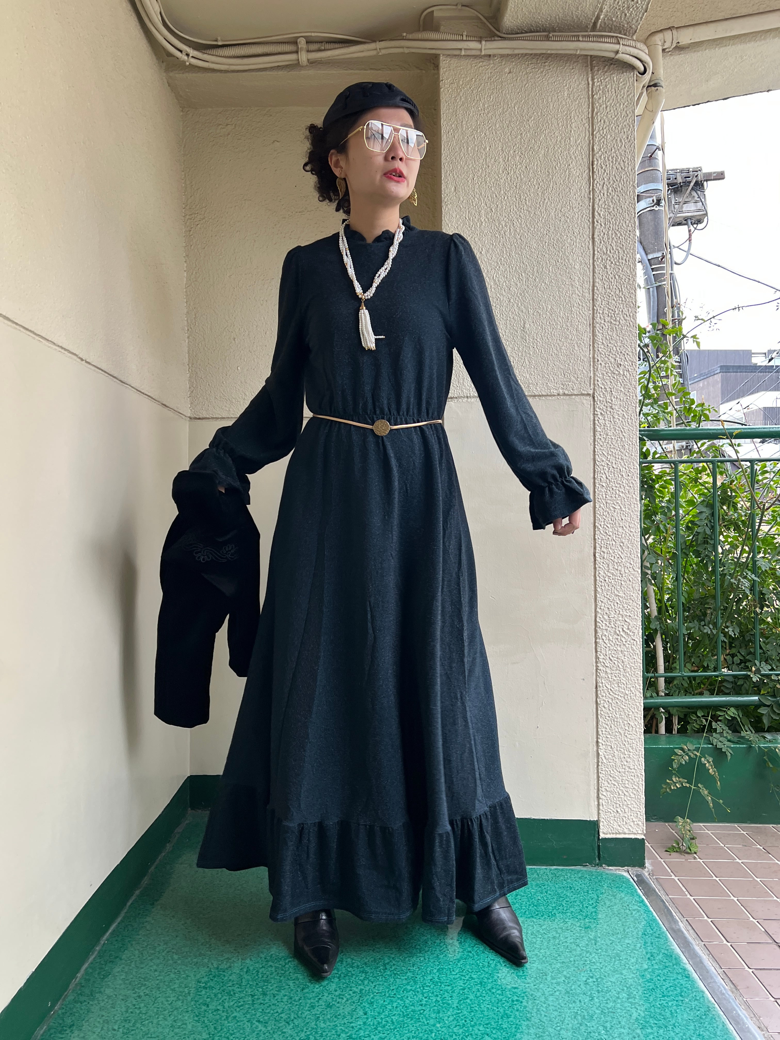 70s ITALY navy black lame maxi dress