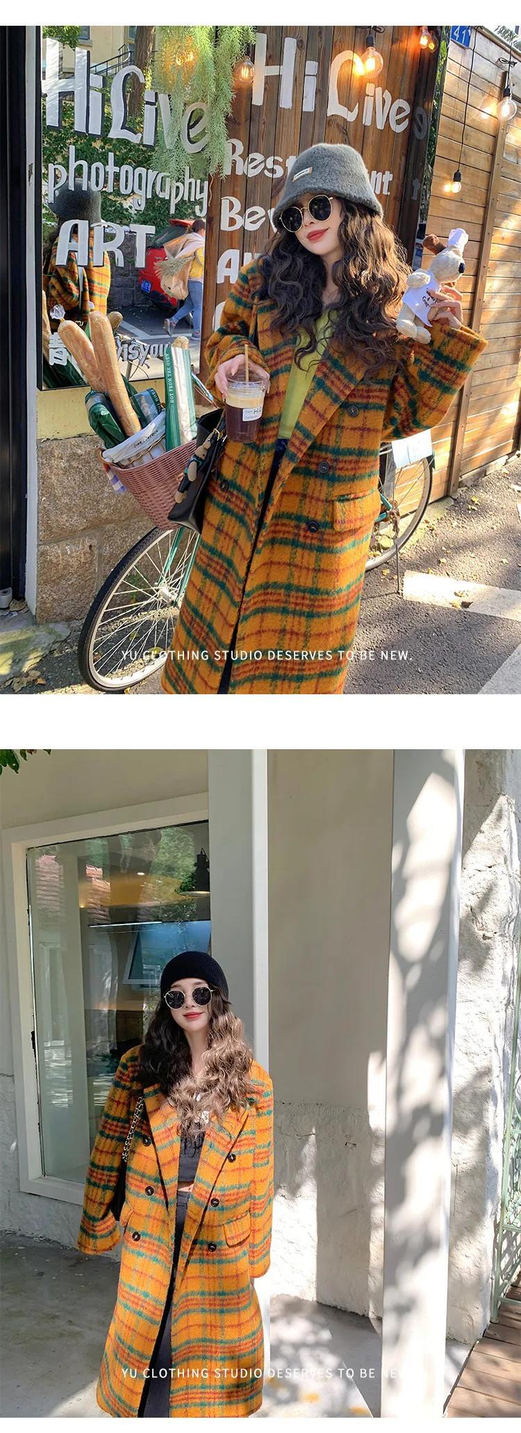 チェック柄ジャケット冬ロングルーズカラフル厚く暖かいソフトウール