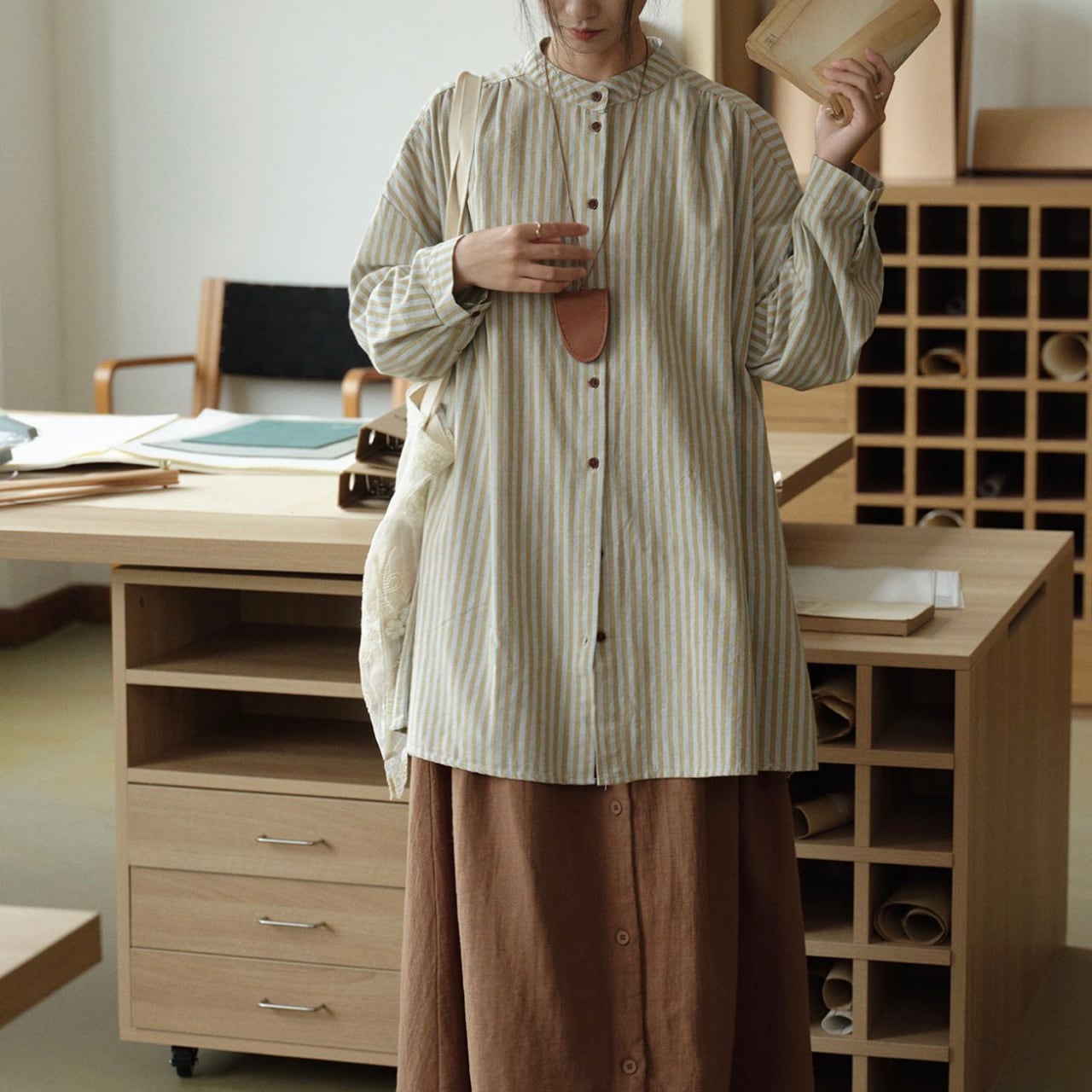 ナチュラル ストライプ オーバーサイズ ロングシャツ Ln00076