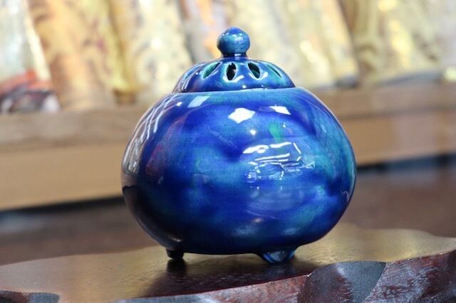絶品！清水焼香炉★手描きオーダー発注品◆水色地×ダリア 絶品！清水焼香炉☆手描きオーダー発注品◇水色地×ダリア