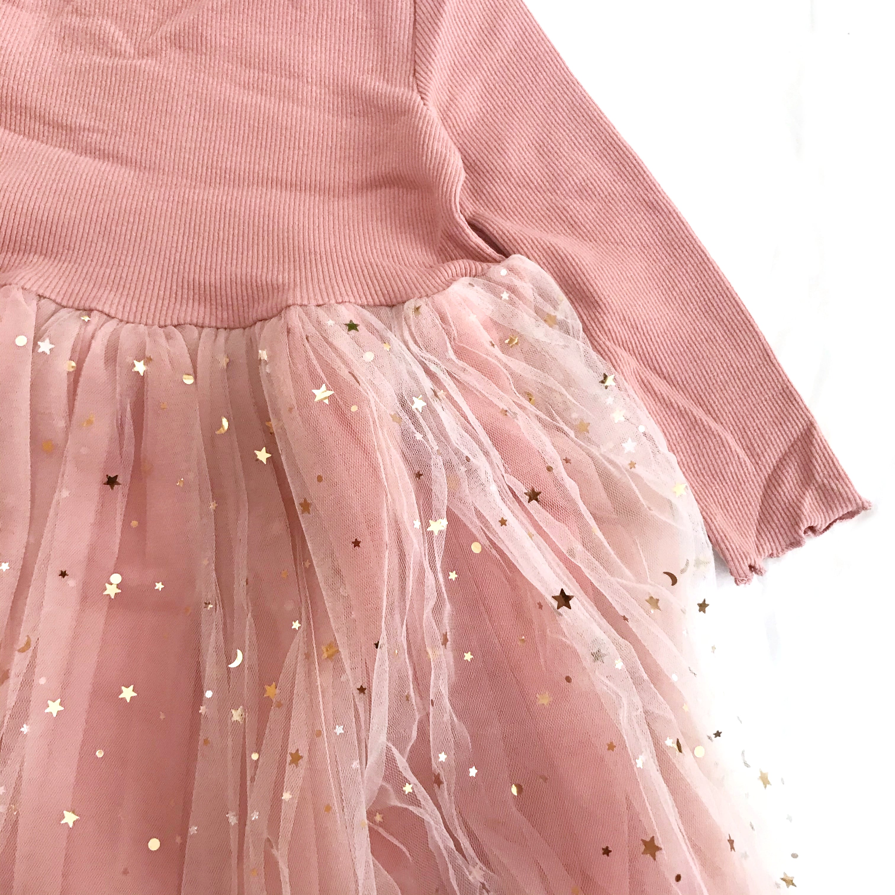 くすみピンク チュール ワンピース サイズ S M L かわいい restock!【送料無料】星柄 チュール ワンピース 長袖 くすみ