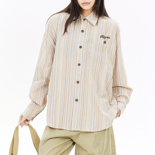 レトロマルチストライプワンポイントシャツ 2col   R02612