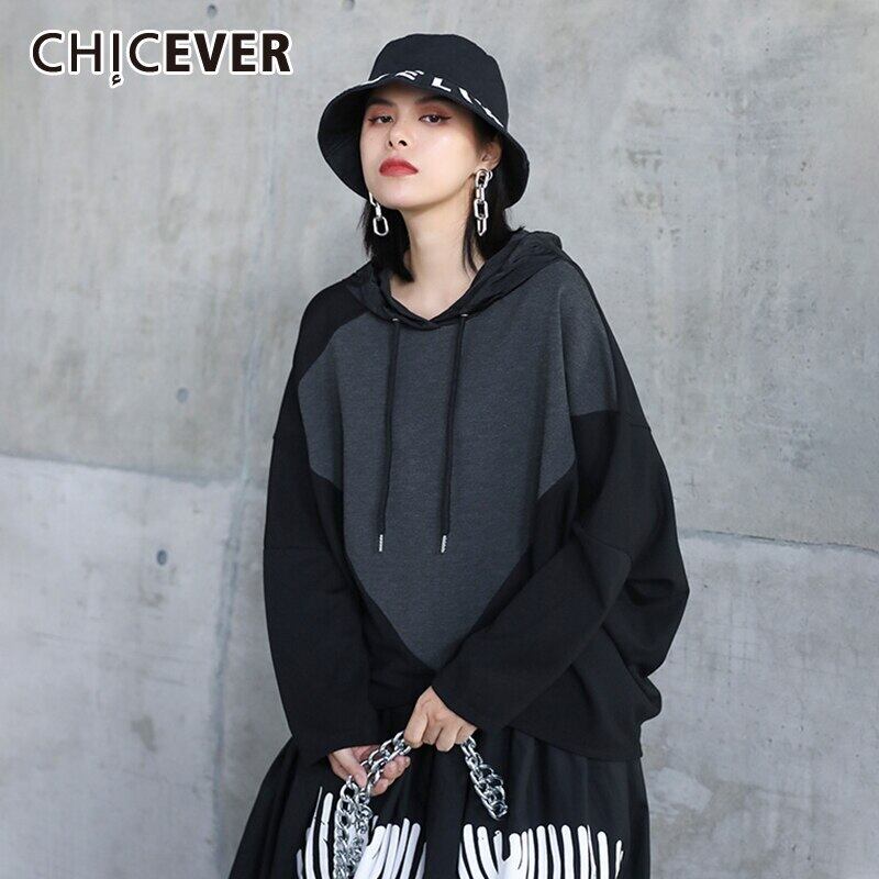 CHICEVERヴィンテージスウェットシャツレディースフード付きカラー長袖パッチワークヒットカラー不規則な裾スウェットシャツ2020スタイル ロング ビンテージ 6base599570928234