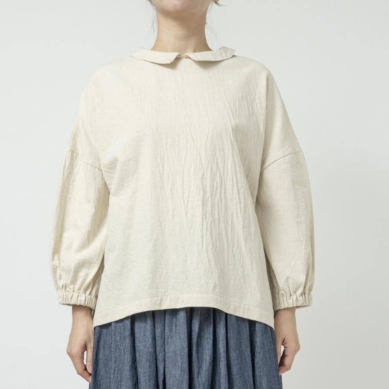 綿麻ツイル長袖ギャザースリーブカラー付プルオーバーブラウス