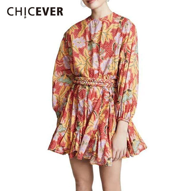 CHICEVERサマーヴィンテージフローラルプリントドレスランタン長袖包帯ウエストミニAラインドレス女性2020 ロング 夏物 花柄 ビンテージ 6base523135144037