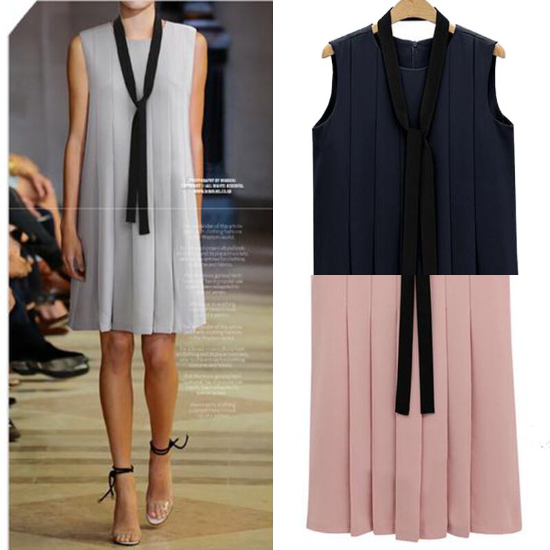 クルーネック ノースリーブ ボウタイ プリーツワンピース