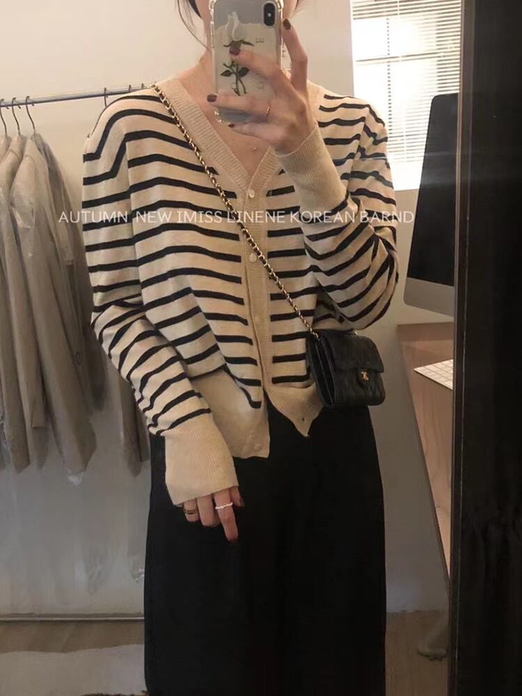 ストライプニットカーディガンスプリングオータムスタンダードルーズVネック長袖スリーブトップス ジャケット ロング レトロ 春物 秋物 ビッグFスモールZ韓国81985892825
