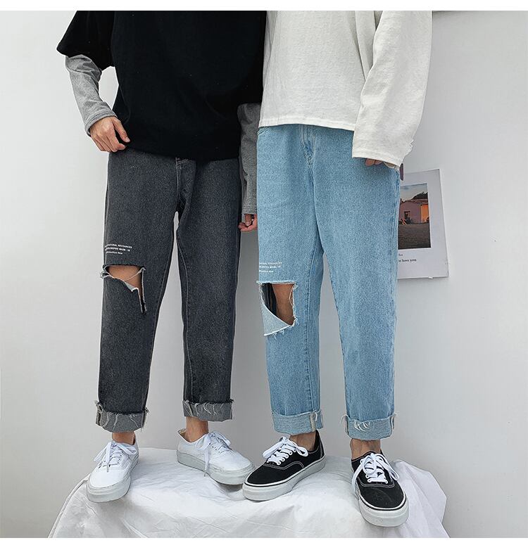 全1色 デニム パンツ ストレート カジュアル ダメージ