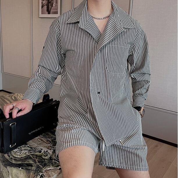 メンズ お洒落 セットアップ ハーフパンツ シャツ ストライプ 予約販売】メンズ セットアップ 上下 ハーフパンツ 長袖シャツ