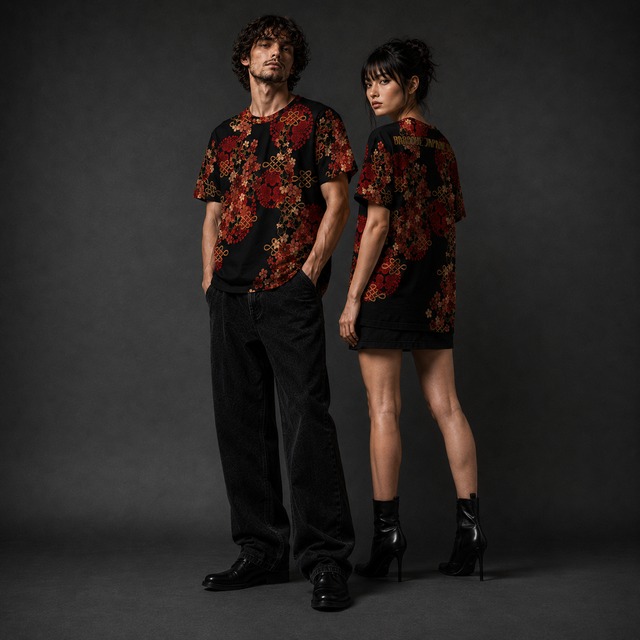 和紋様装飾　桜蝶　和柄ユニセックス 180G Performance Tシャツ