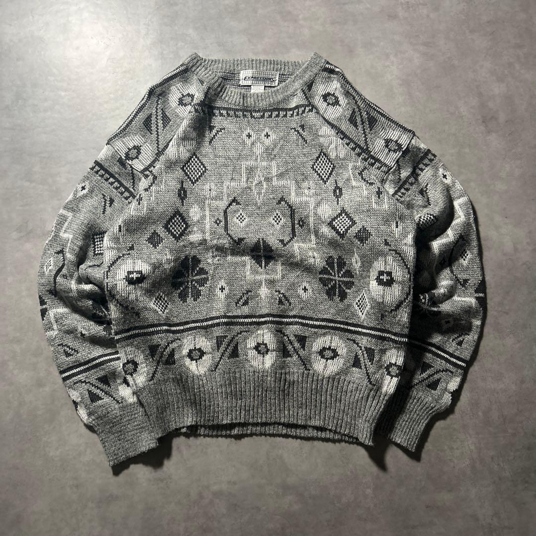 ヴィンテージ アクリル 総柄 民族模様 レトロ グレー モノトーン ニット