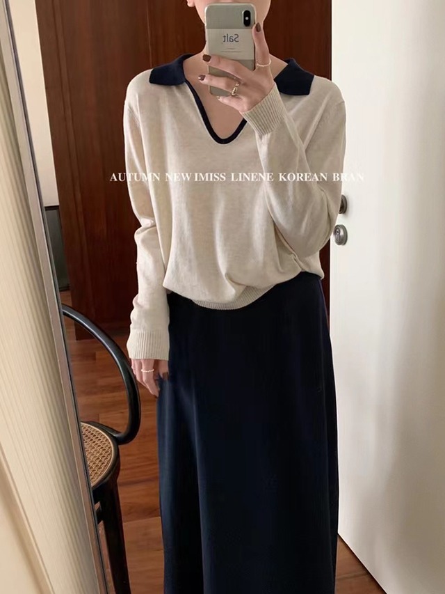 カラーセーター オータムカジュアルロング 長袖 秋物 ビッグFスモールZ韓国42944988590