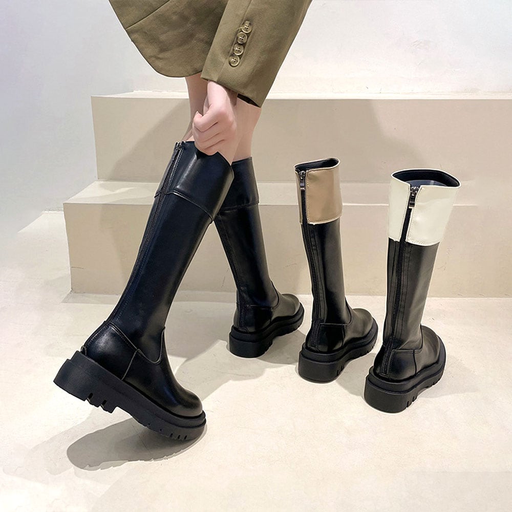 ジョッキーブーツ レディース 秋冬 韓国 厚底 PUレザー ロングブーツ 大人 きれいめ シンプル 通勤 太ヒール 歩きやすい 履きやすい 大人可愛い 大人女子