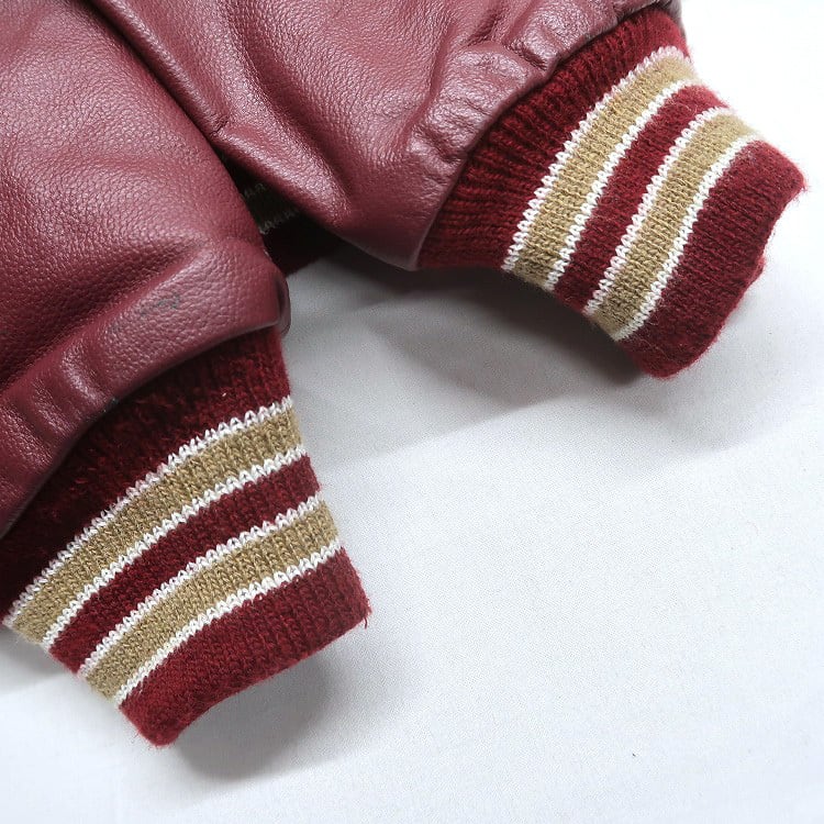 古着 Leader ウール スタジャン 袖レザー ワインレッド 表記：L