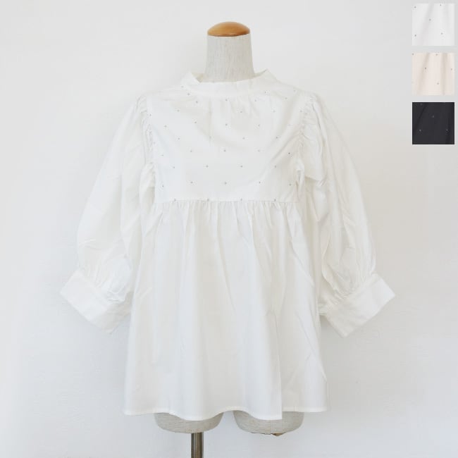 KELEN (ケレン) ブラウス ラメ糸ドット刺繍 ギャザー 7分袖 CAFUN LKL26HBL2289