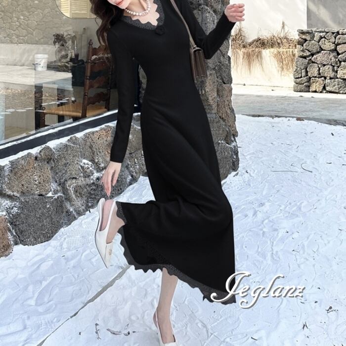 上品 ニット ワンピース 長袖 ドレス V開き レース エレ派 3色 (MB864)γ