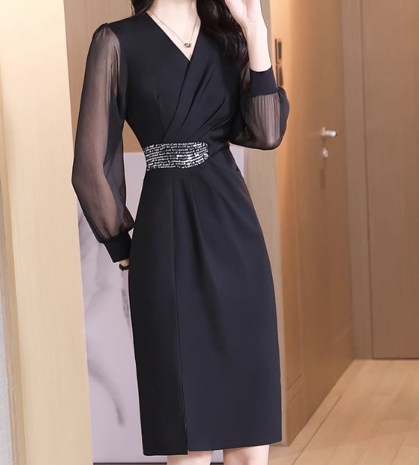 ドレス ワンピース 膝丈ドレス ひざ丈 袖あり 長袖 Vネック スレンダーライン 大人可愛い きれいめ シンプル 大人 上品 おしゃれ お洒落 大人可愛い エレガント フォーマル ゴージャス 華やか 無地 10代 20代 30代 40代 50代 レディース 女性用 女の子 デート お出かけ 女子会 パーティー ホテル レストラン スタイル 脚長 春 夏 秋 冬 オールシーズン 二次会 2次会 1.5次会 披露宴 お呼ばれ パーティー M L XL 2XL 3XL 黒 ブラック