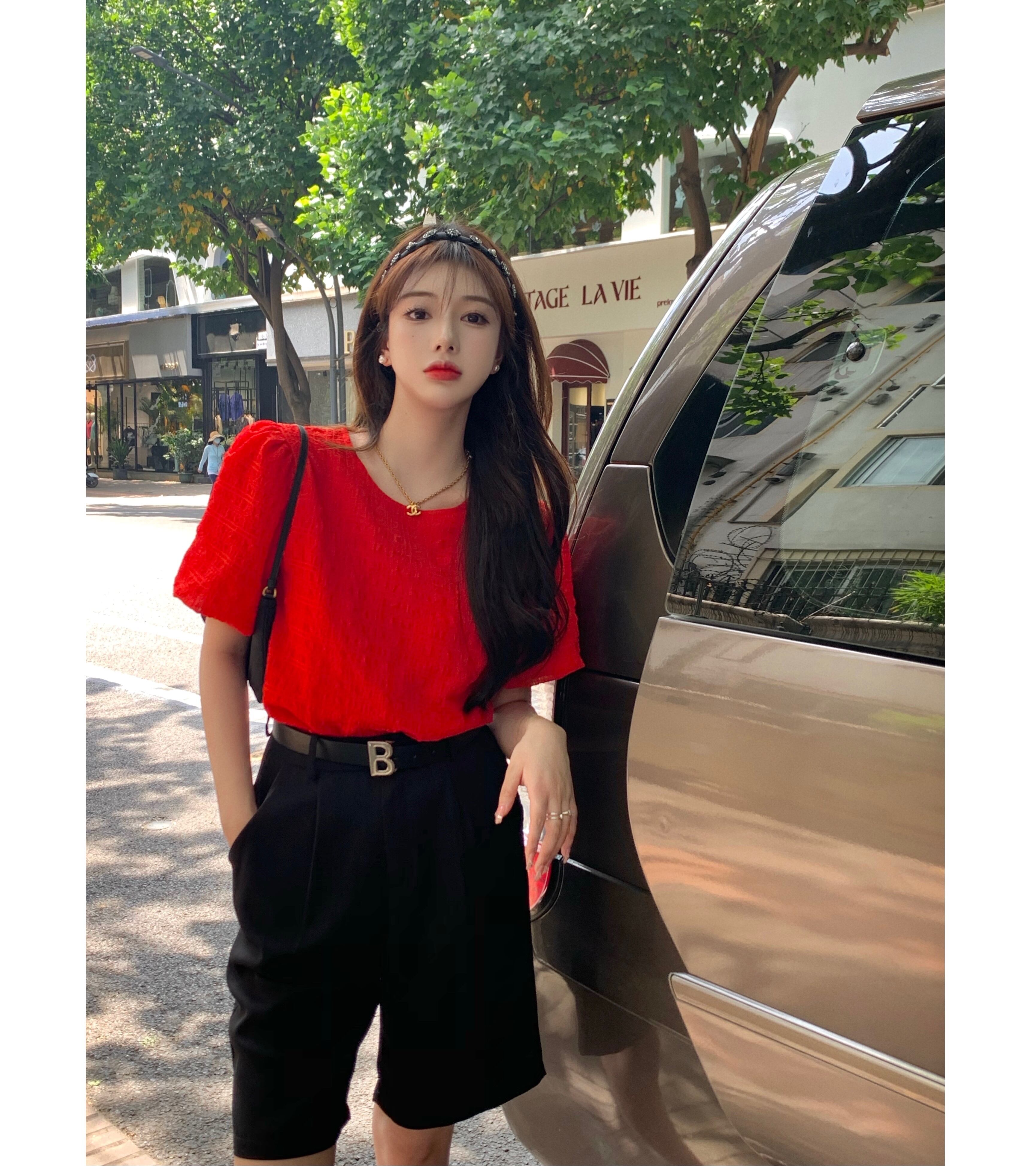 Tシャツ 薄手スタイルルーズレッドトップス サマー 大人ガーリー スウィート キュート カジュアル 夏物 ブラックストロベリース13327370139