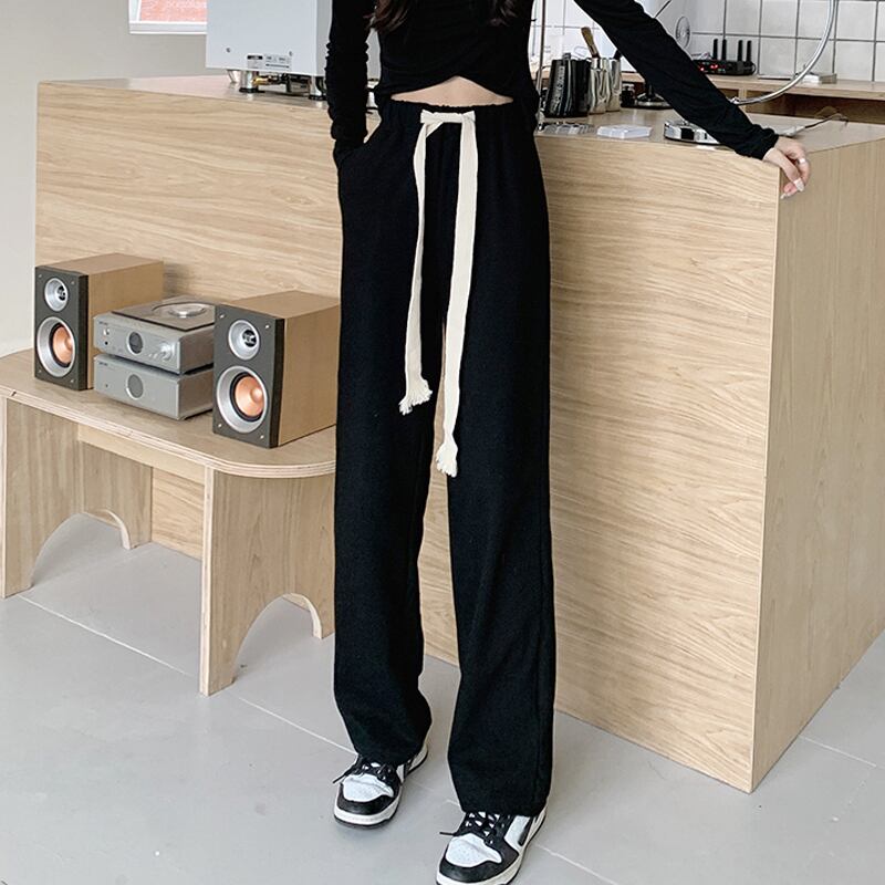 ブラックカジュアルパンツ スプリングオータムハイウェストウェストワイドレッグルーズ 春物 秋物 ワイドパンツ スーパーモール87723096601