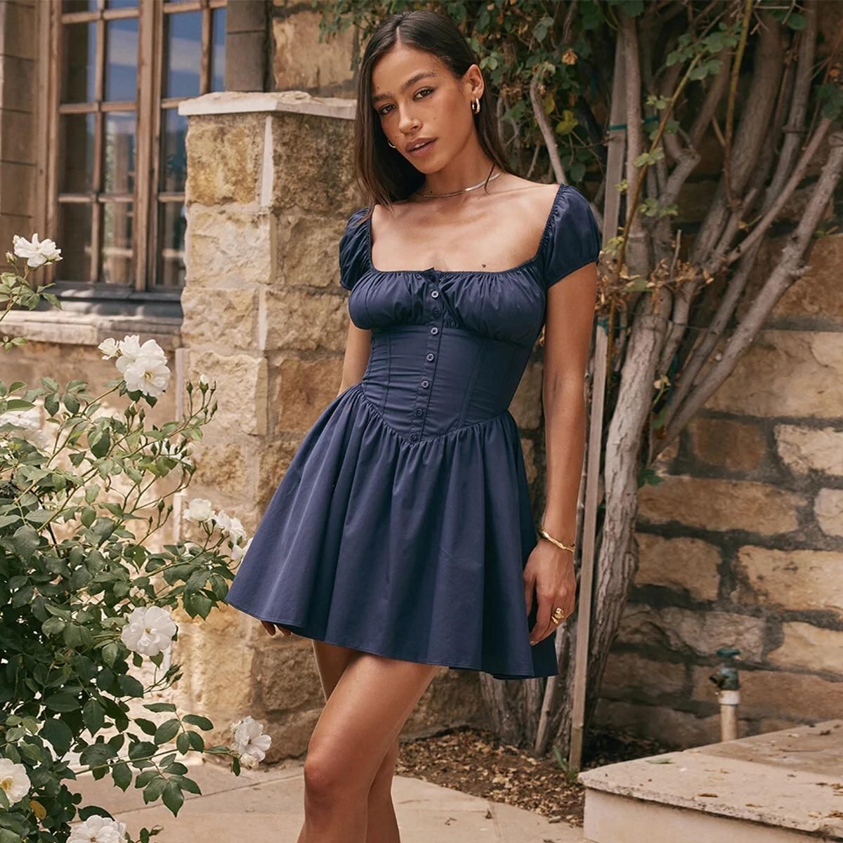 サンハートレディーススクエアネックバケーションミニラインワンピース、カジュアルホリデーパーティードレス、半袖服、夏