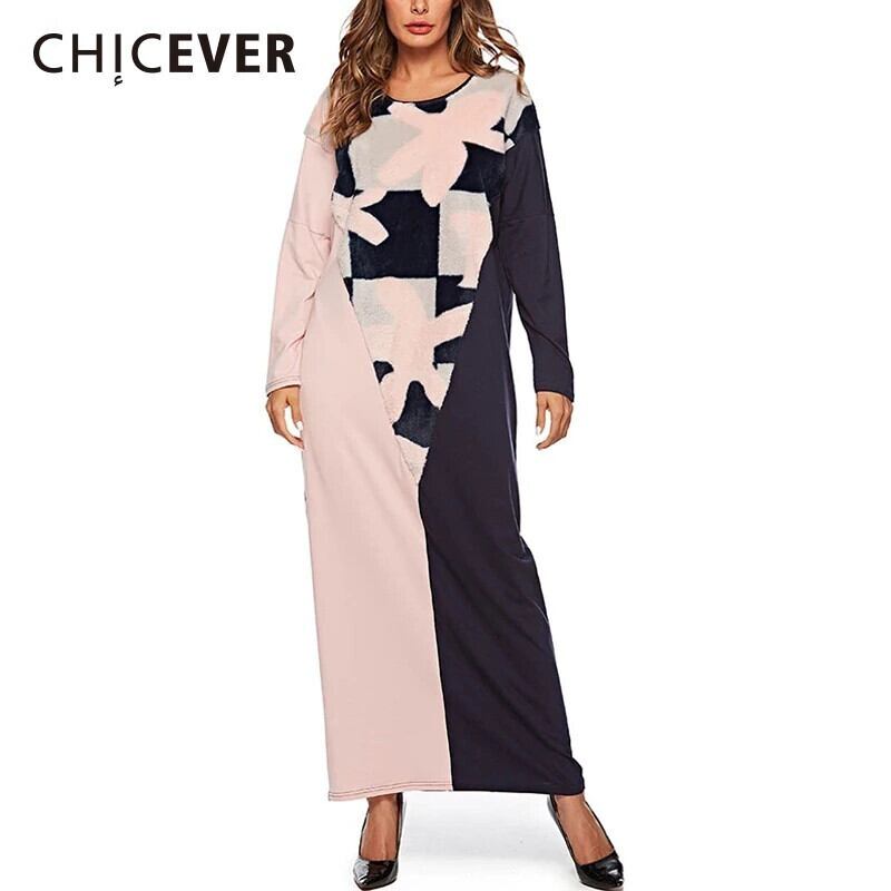 CHICEVER春秋ヒットカラードレス女性Oネック長袖パッチワークニットドレス服 ロング スプリング 春物 オータム 秋物 6base54094218463