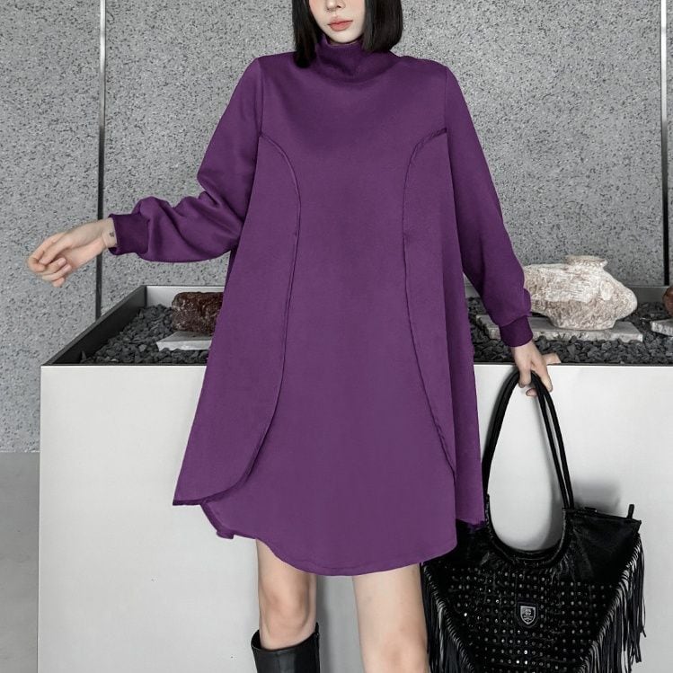 SOLID HIGH NECK A-LINE MINI PULLOVER DESIGN DRESS 2colors M-15323