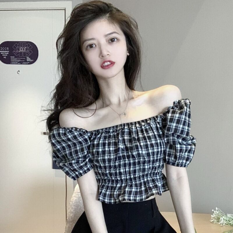 スタンダード格子柄ウェストシャツ レディーススリーブショートトップス レトロ スクウェア ハンチェンe59869559734