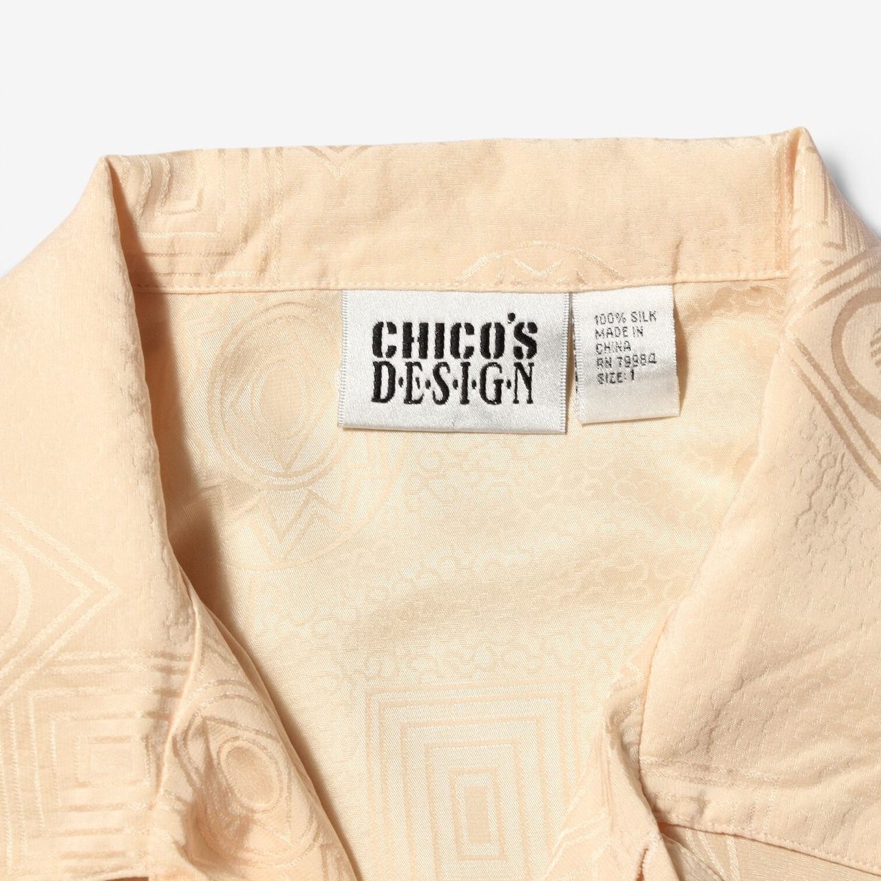 90s CHICO'S DESIGN シルク オープンカラーシャツ 総柄 バックプリント