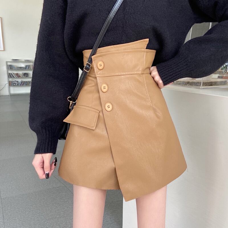 レザースカート ハイウェストウェストスプリングショートAライン 春物 スーパーモール47155606658