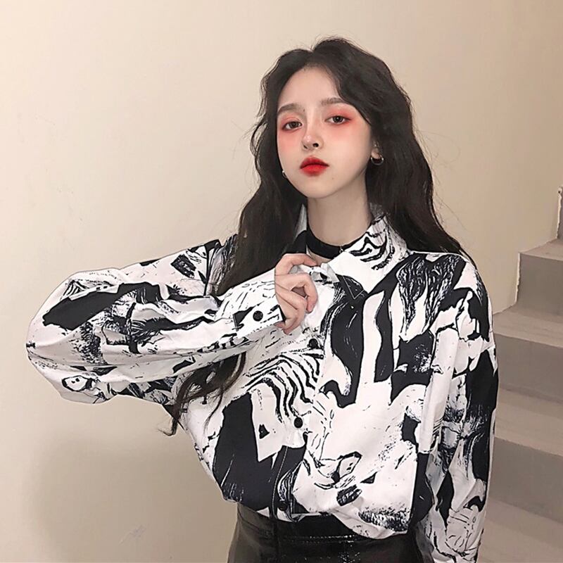 2020スモールフレッシュトップレディースバージョンルーズ長袖レトロシックインクフラワーシャツシャツ学生トレンド YY-ファッション29553220866