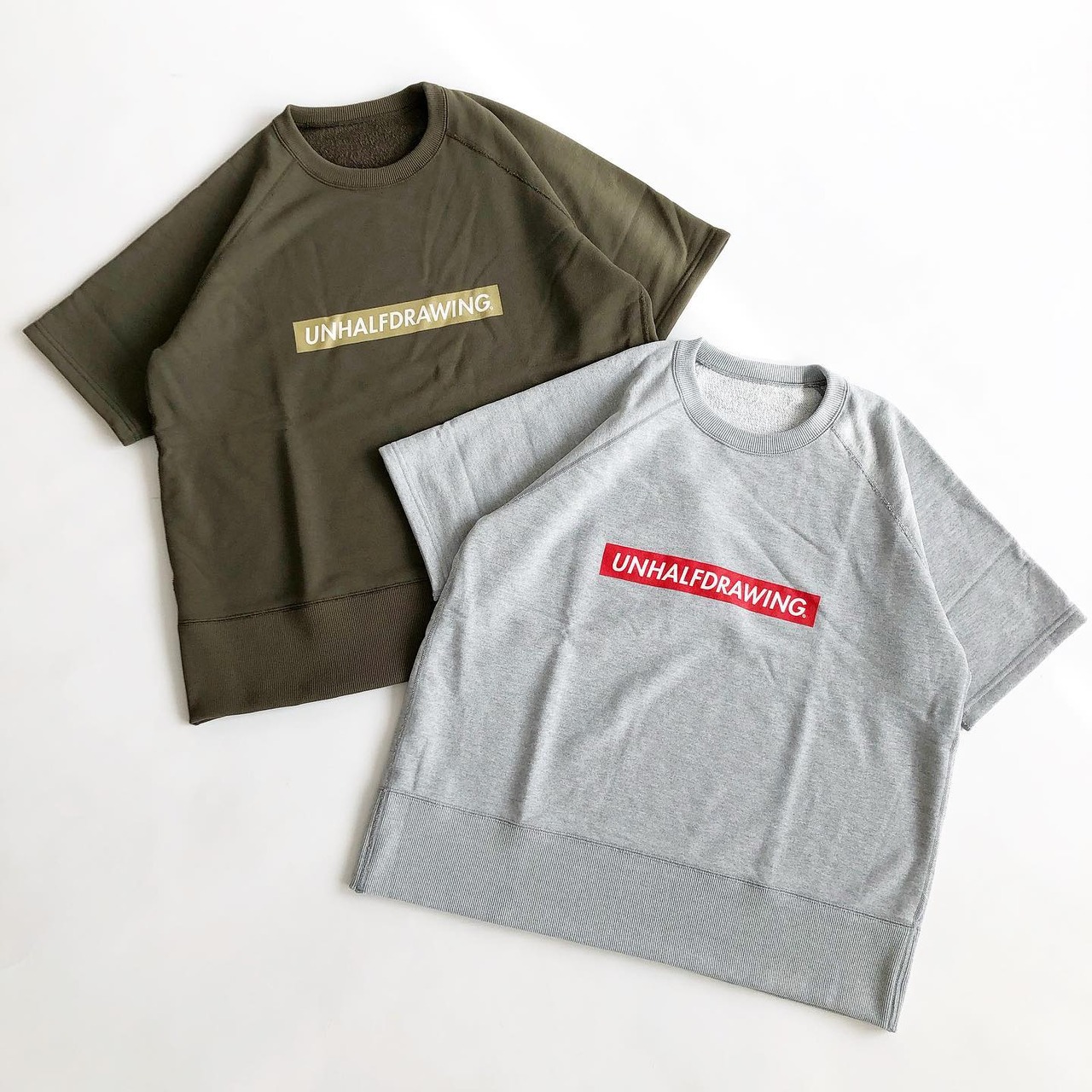 UNHALF DRAWING / SHORT SLEEVE SWEAT / BOX LOGO / KHAKI