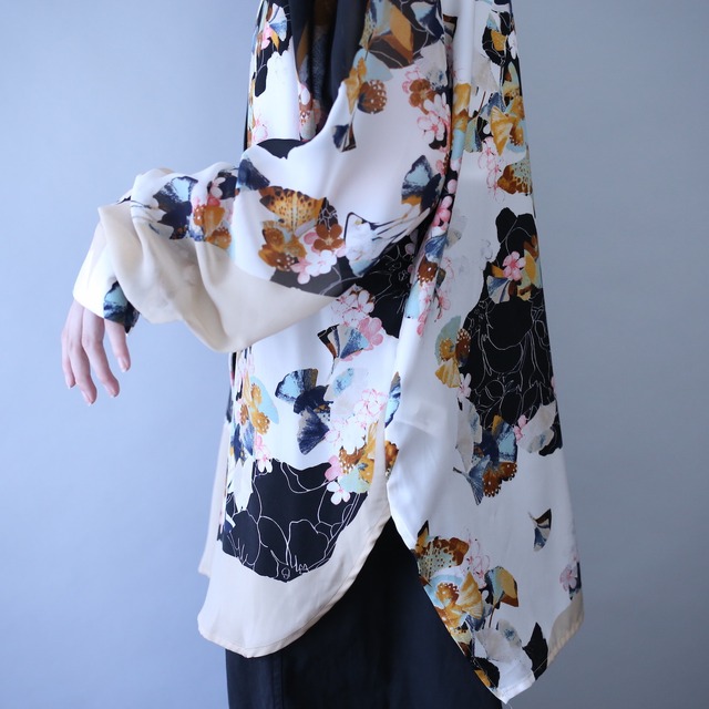 '"和" motif special flower art pattern fly-front see-through shirt