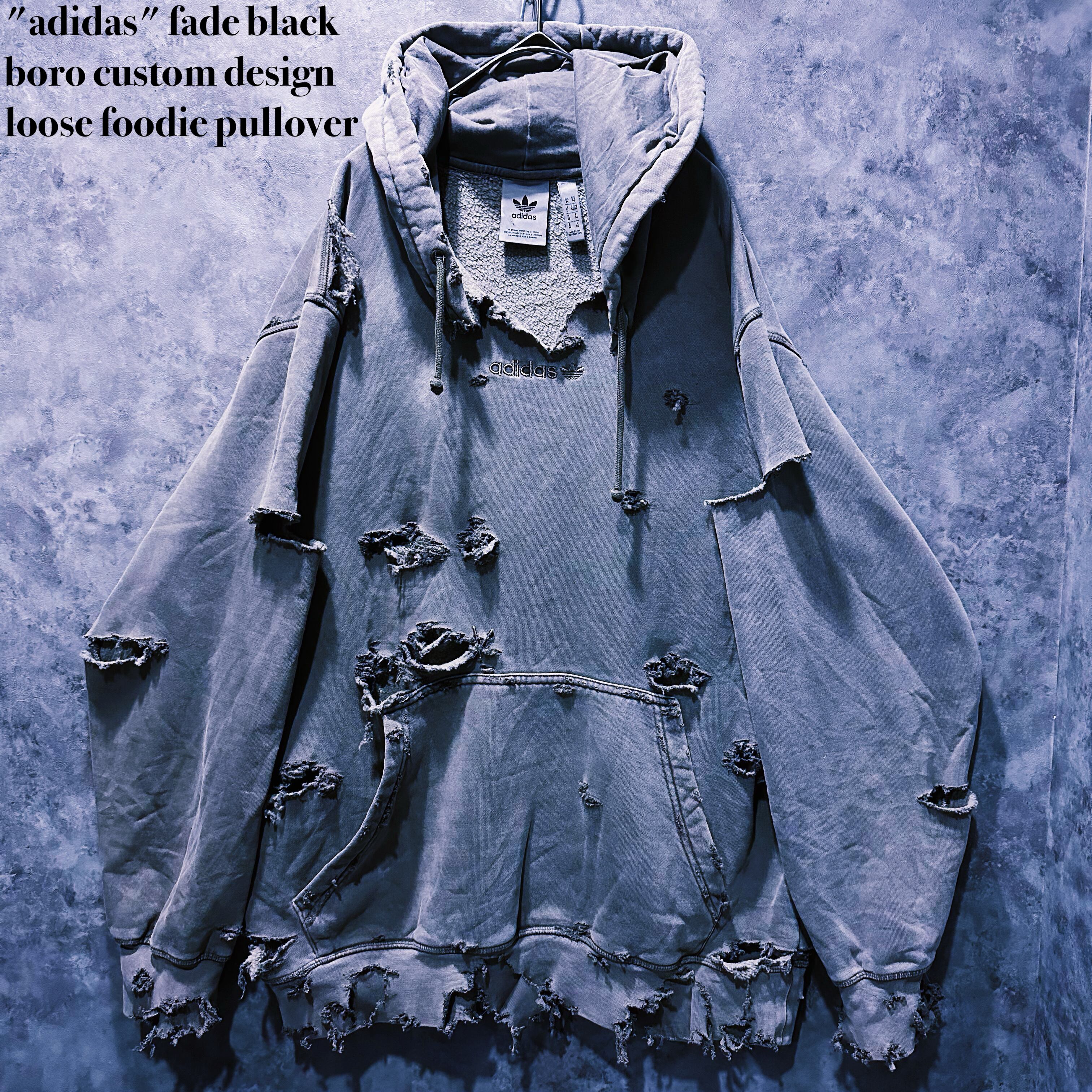 【doppio】"adidas" fade black boro custom design loose foodie pullover