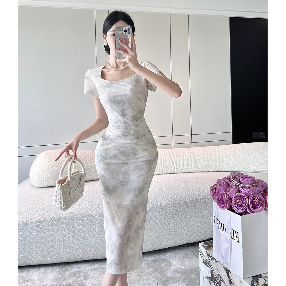 【新作】【送料無料】 2024 新しい夏のスタイル日本と韓国の女性の気質メッシュプリントスリムヒップハグ半袖ドレス 7944 0160466351380